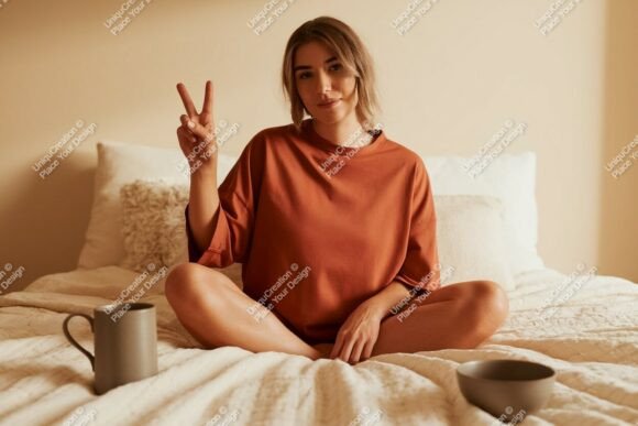 Download Woman Peace Sign Cozy Bedroom Mockup Ima - Mockup Collection