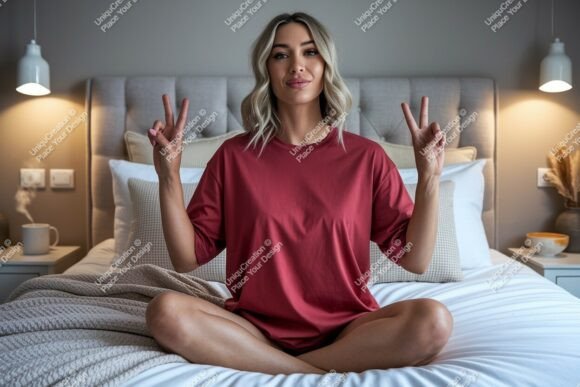 Download Woman Peace Sign Bedroom Mockup Image - Mockup Collection